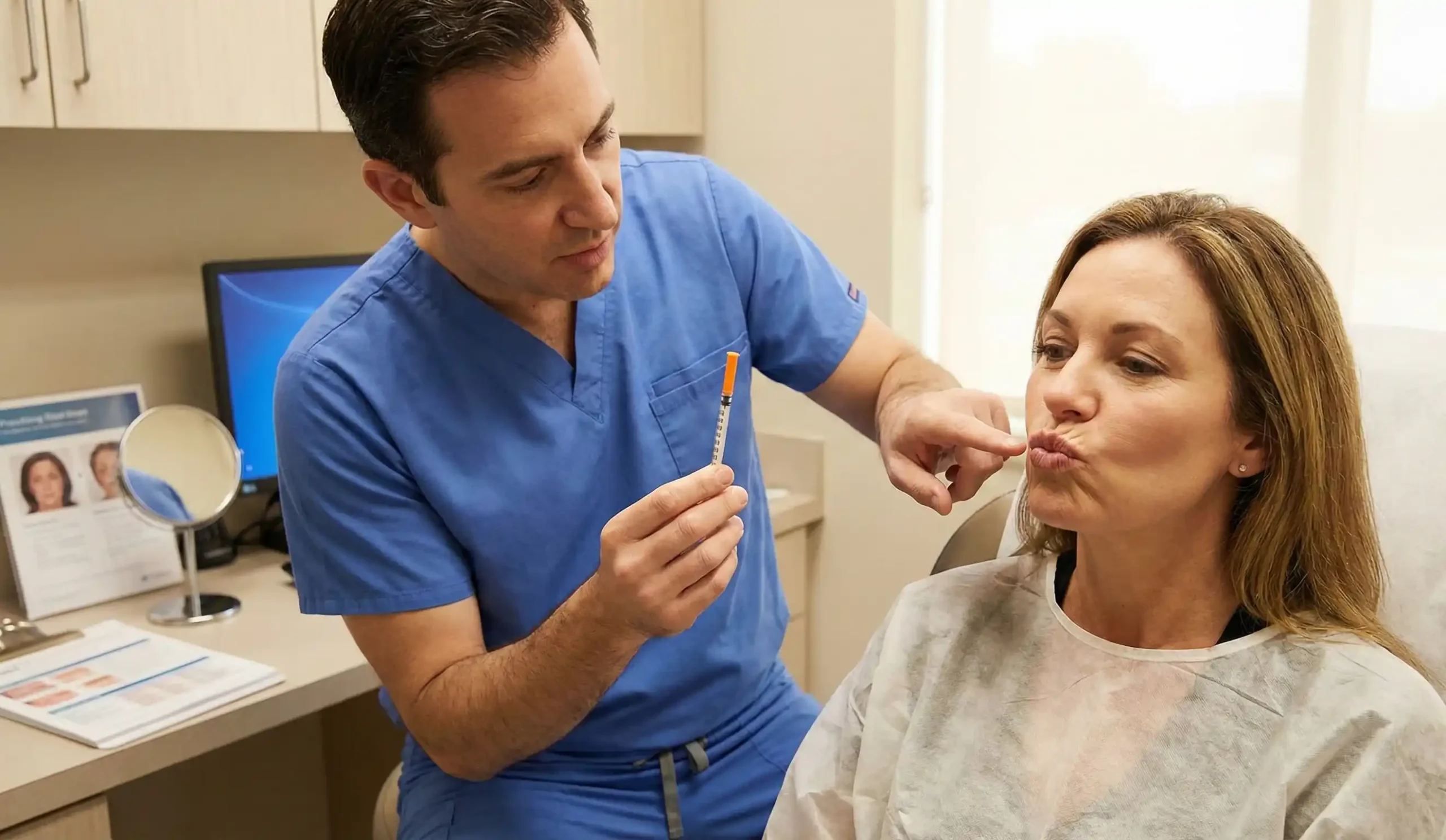 plastic surgeon examining lip wrinkles