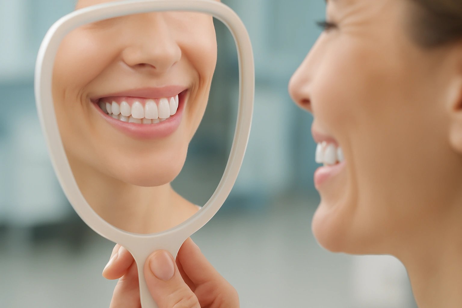 patient showing off her perfect veneers