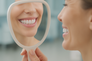patient showing off her perfect veneers