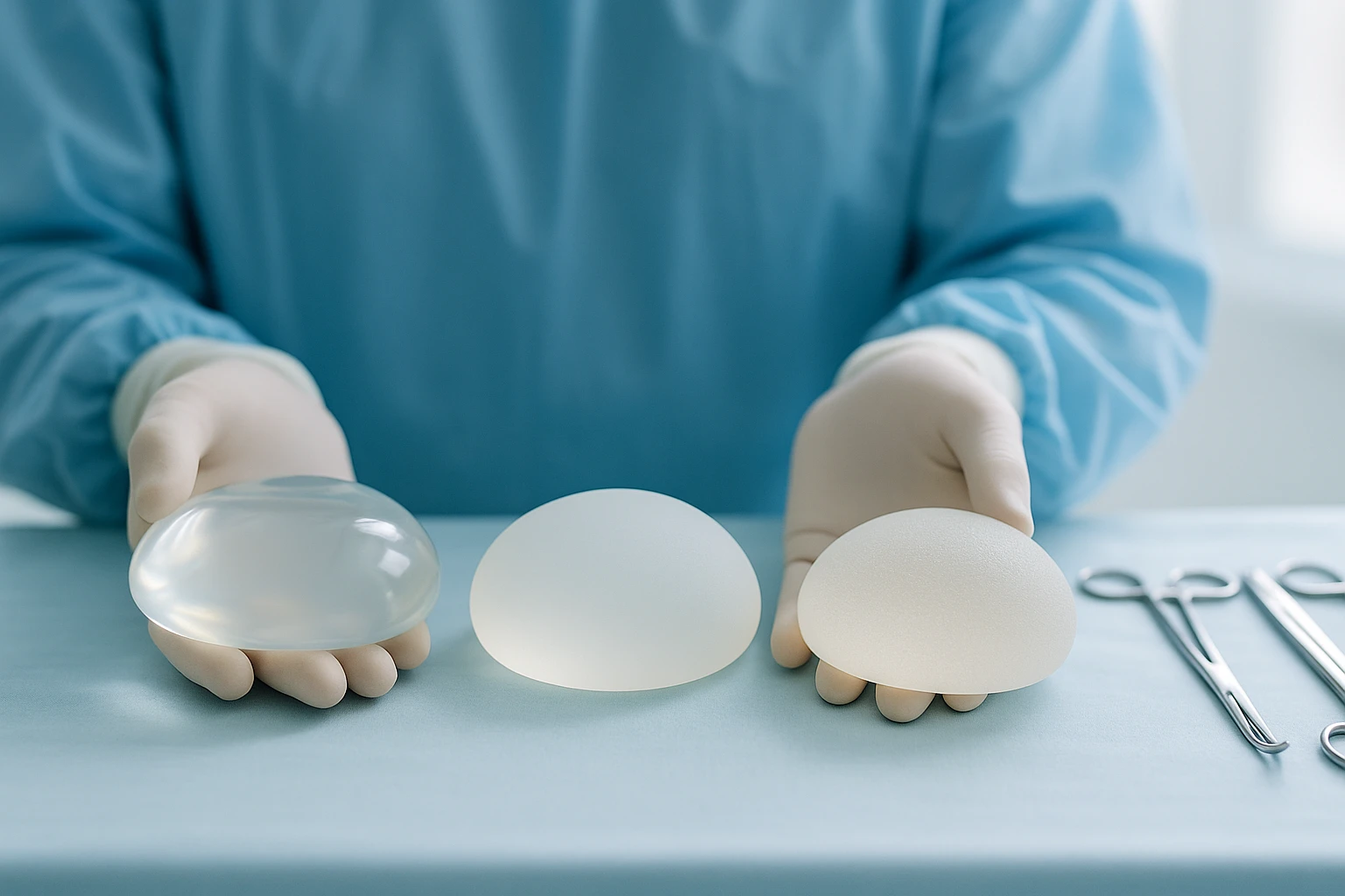 surgeon gloved hands holding three different breast implant types