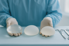 surgeon gloved hands holding three different breast implant types