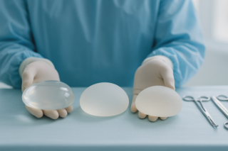 surgeon gloved hands holding three different breast implant types
