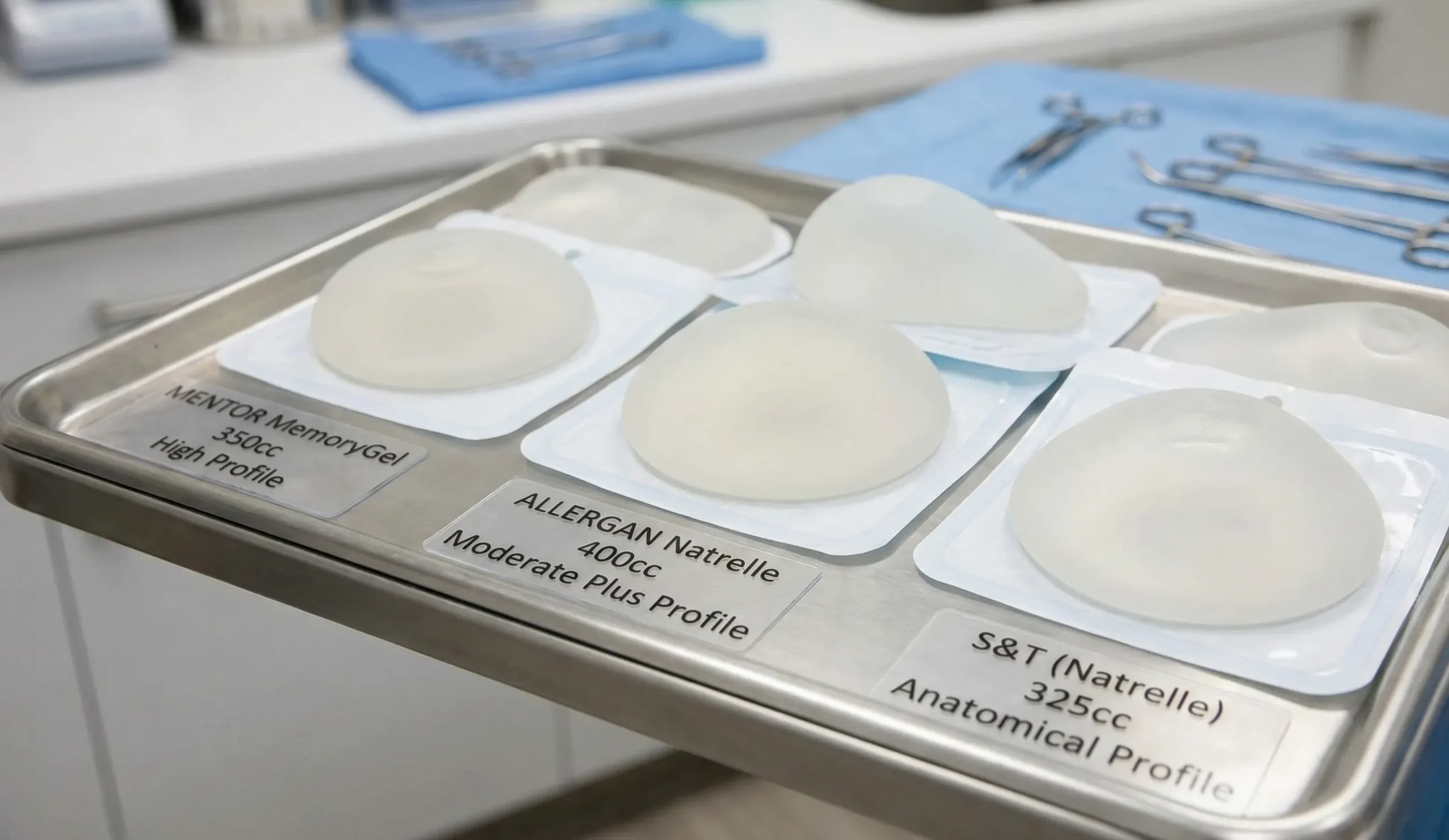 silicone breast implant brands on sterile tray