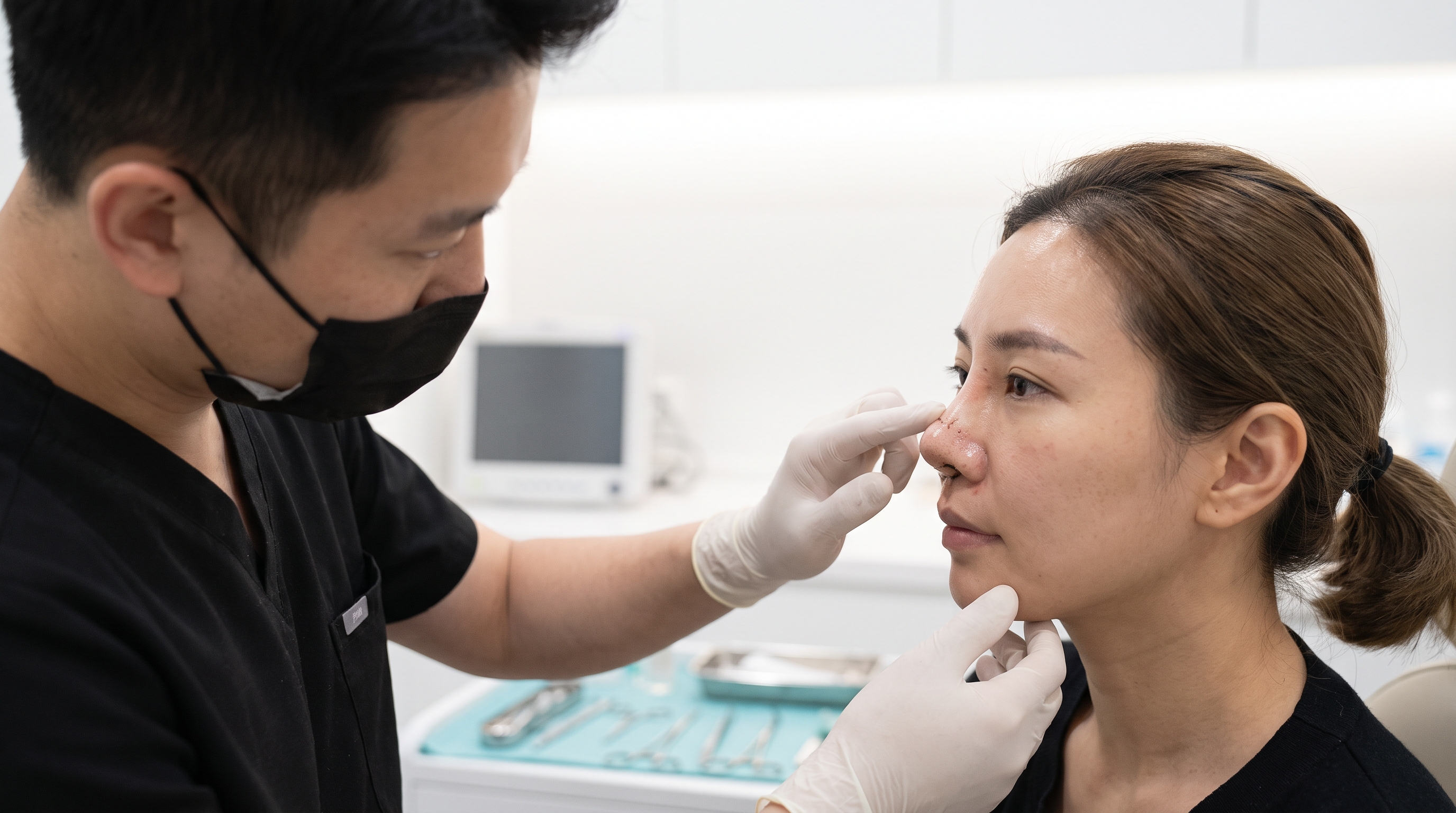 A human nose, representing the delicate healing phase following rhinoplasty surgery.