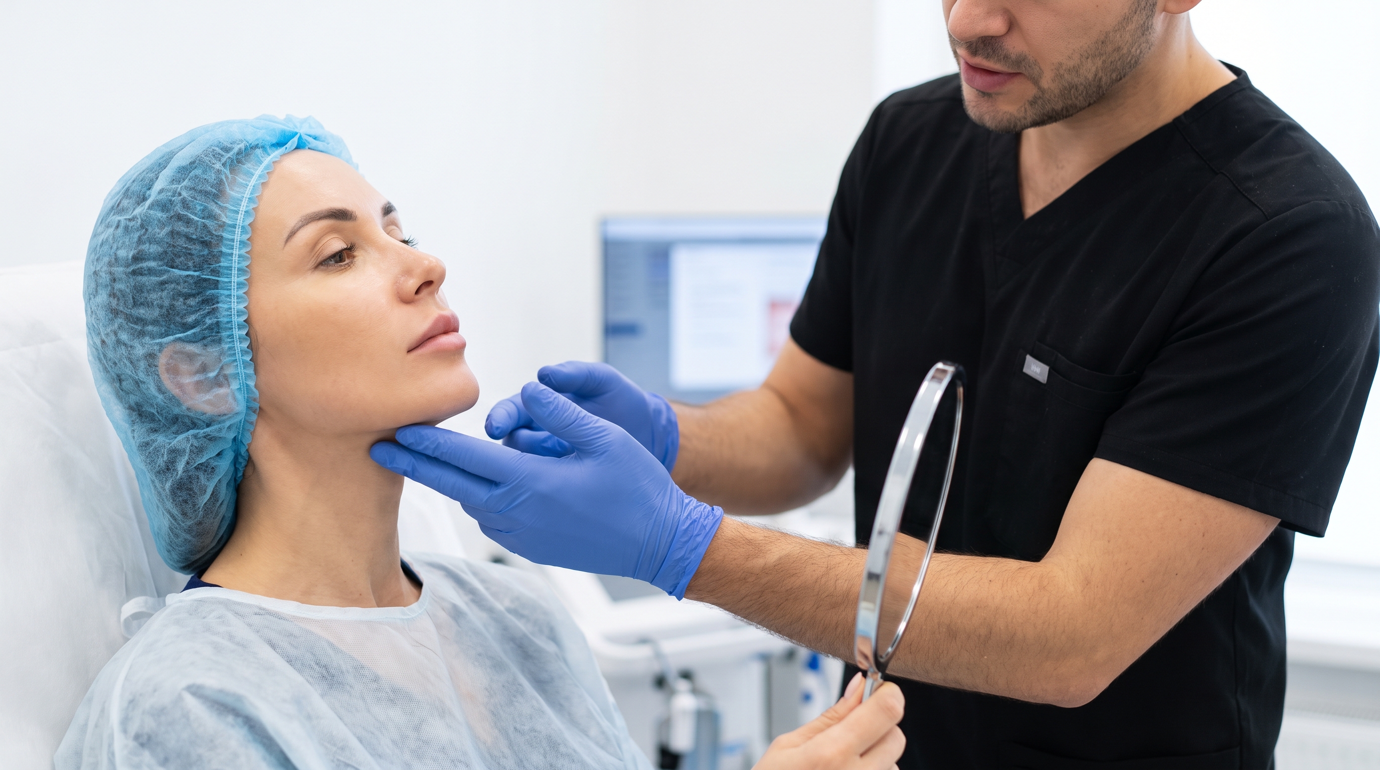 Close-up of a patient's neck, highlighting areas for non-surgical rejuvenation using RF microneedling and HIFU.