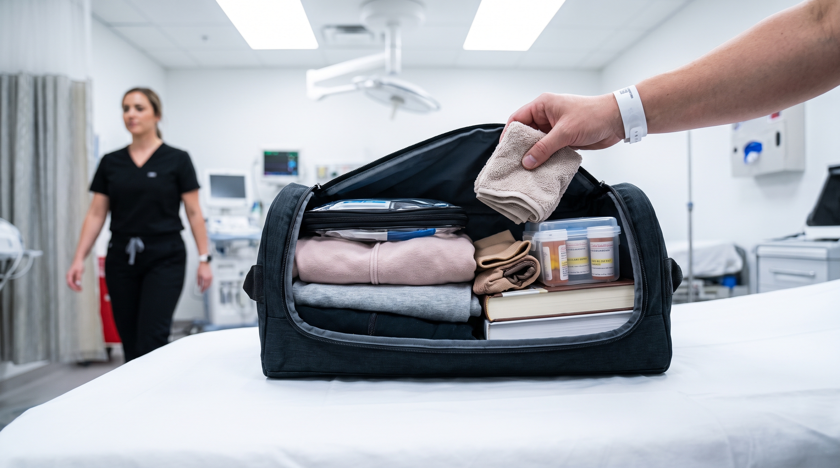 Essential hygiene products, medical supplies, and nutritional supplements for surgery recovery.
