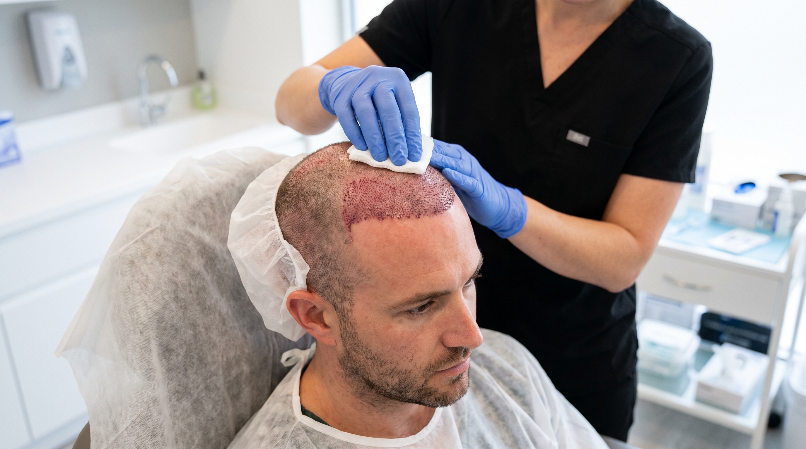 Post-hair transplant scalp care showing gentle scab removal around day 10.