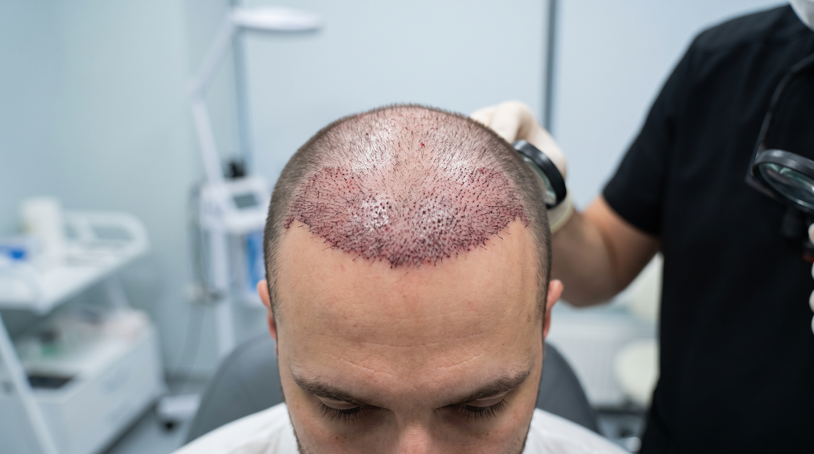 Patient's scalp showing normal post-operative redness during hair transplant healing.