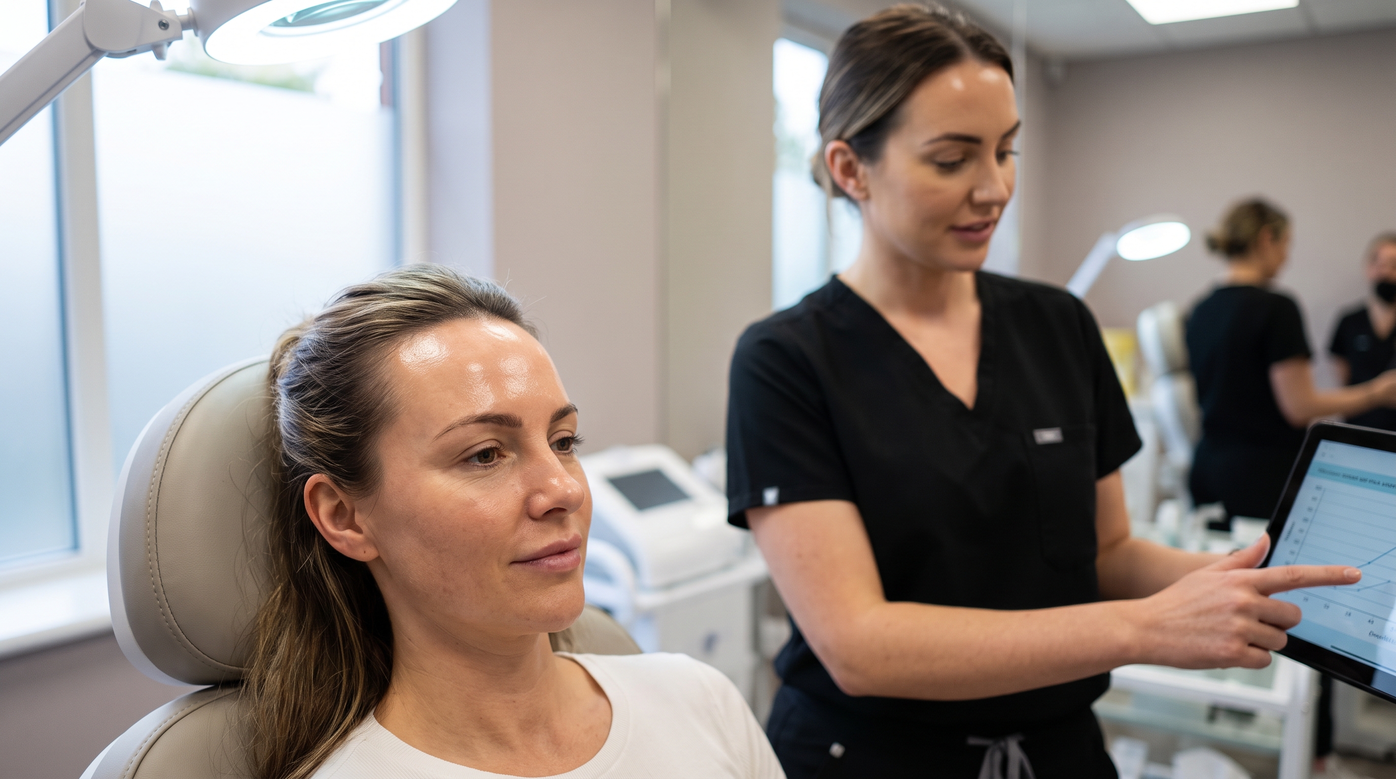 Computer-aided imaging guides the precise incision and lifting vectors for a mini facelift procedure.