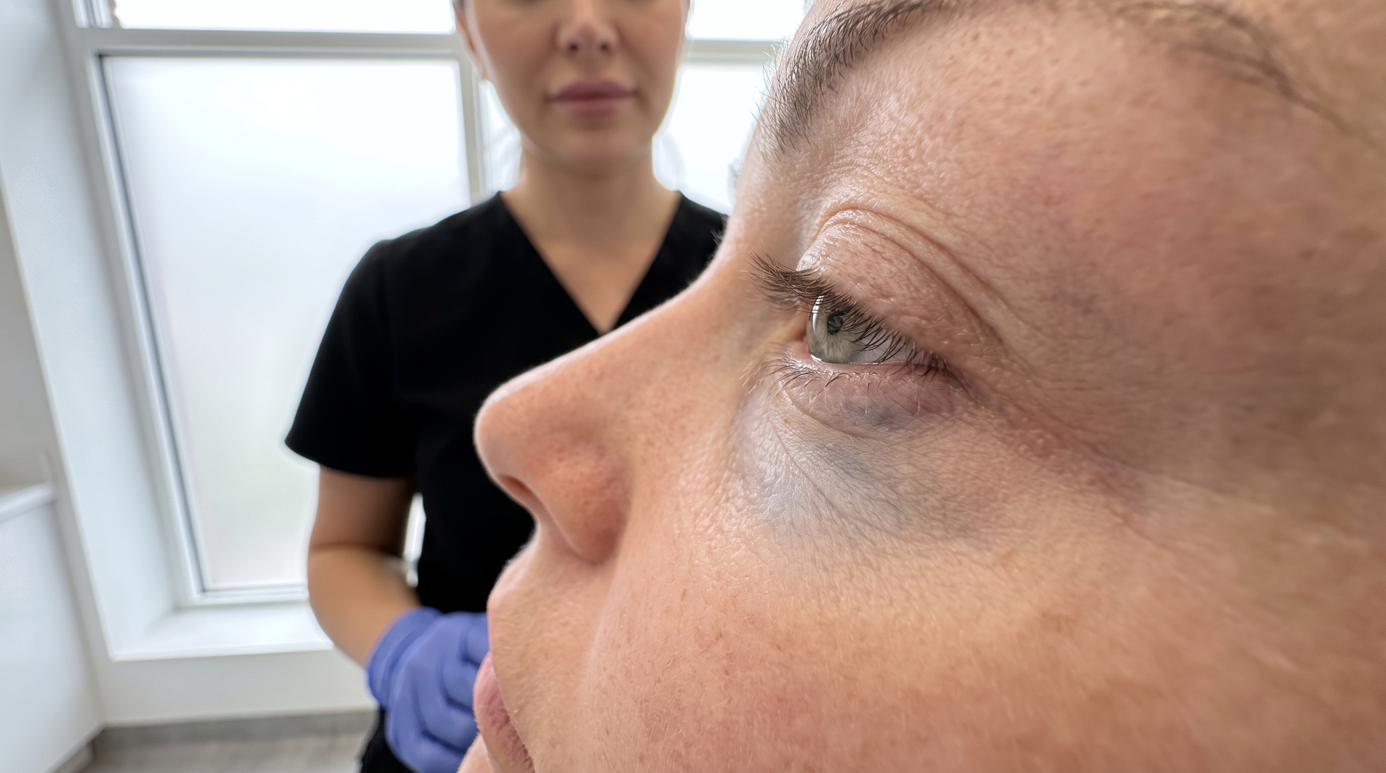 Under-eye area demonstrating the Tyndall effect, characterized by bluish discoloration from superficial filler.