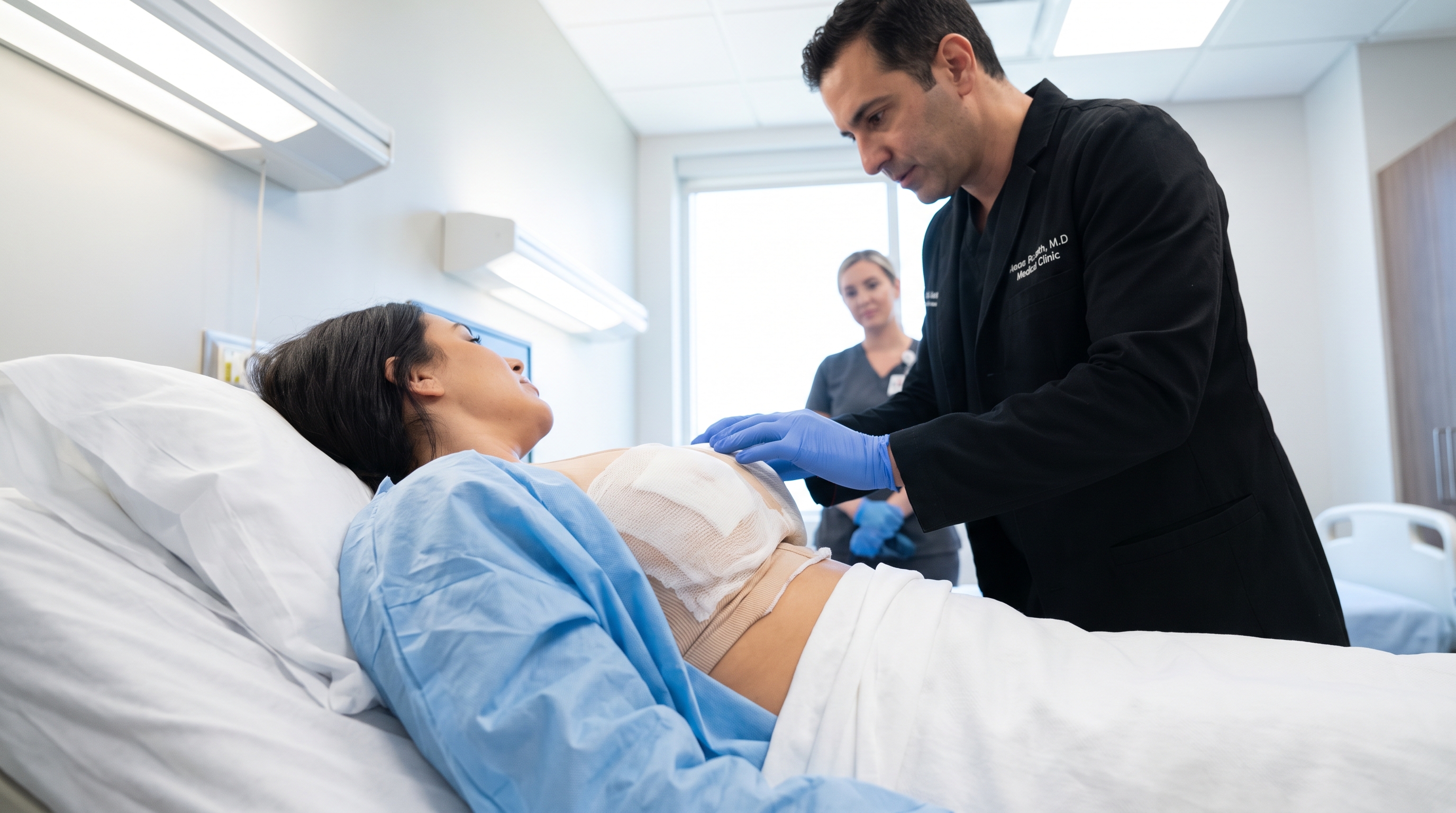 Swollen, high, and firm breasts immediately after breast augmentation surgery.