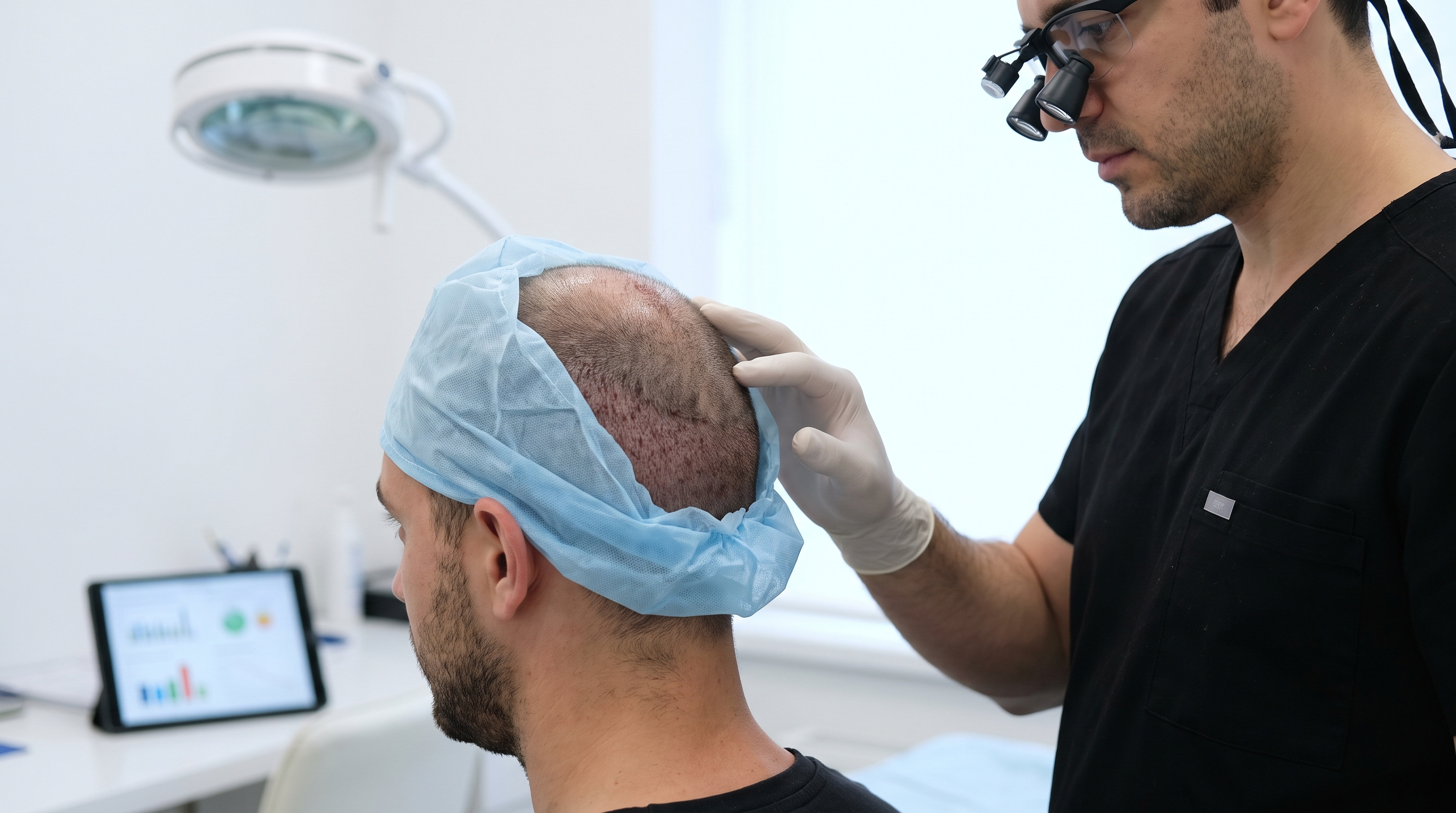 Patient's scalp after hair transplant, showing the temporary post-operative redness (erythema) during recovery.