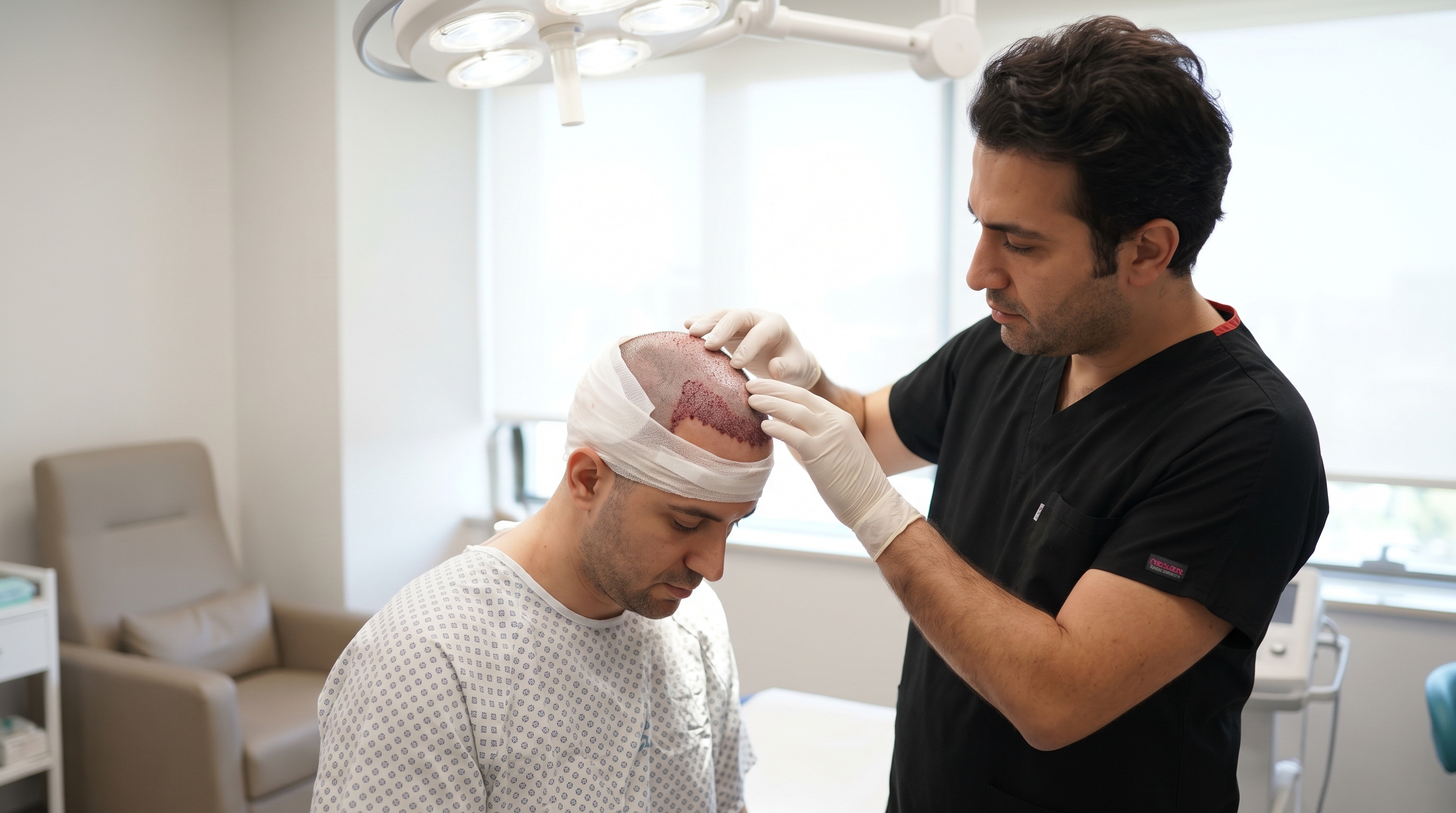Close-up of a patient's scalp receiving stem cell treatment for an advanced hair transplant.