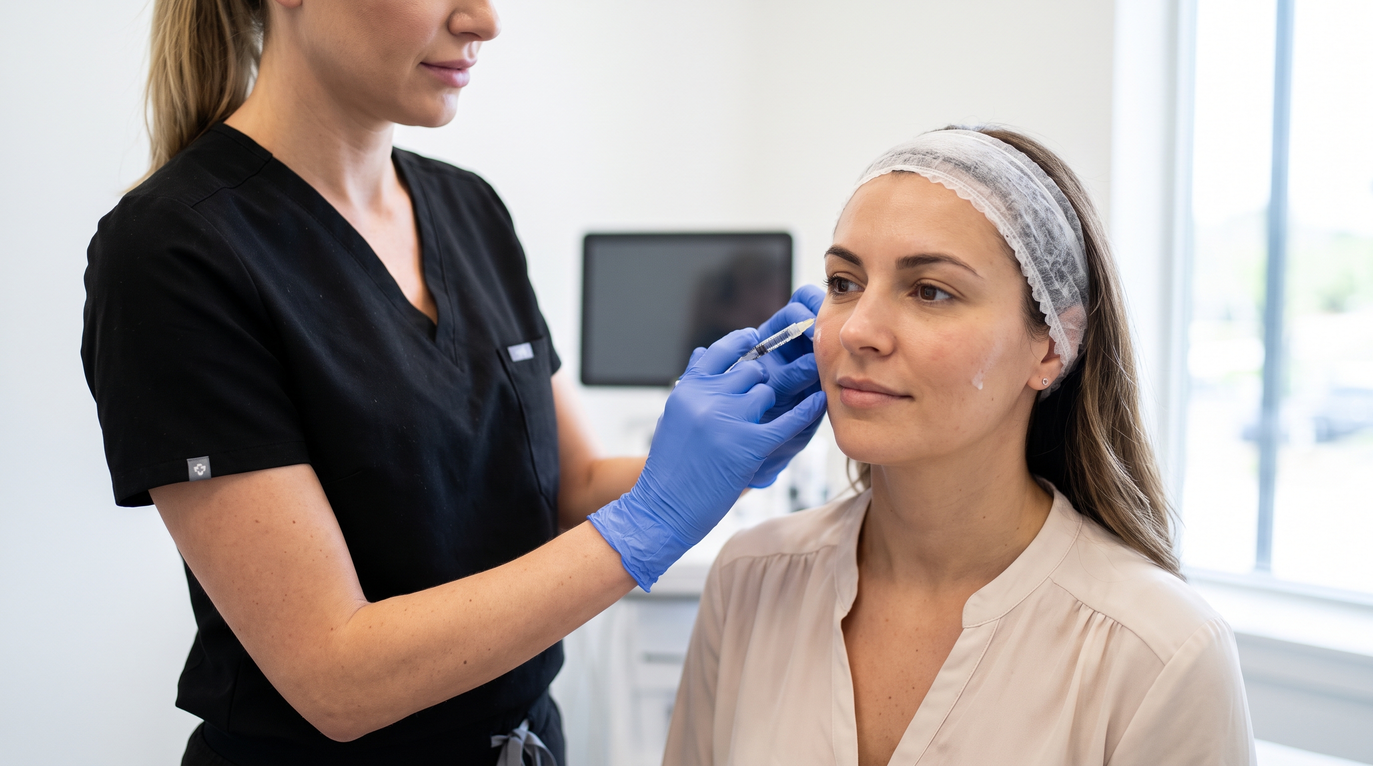 Medical aesthetician precisely injecting dermal fillers into a patient's face for volume restoration and wrinkle reduction.