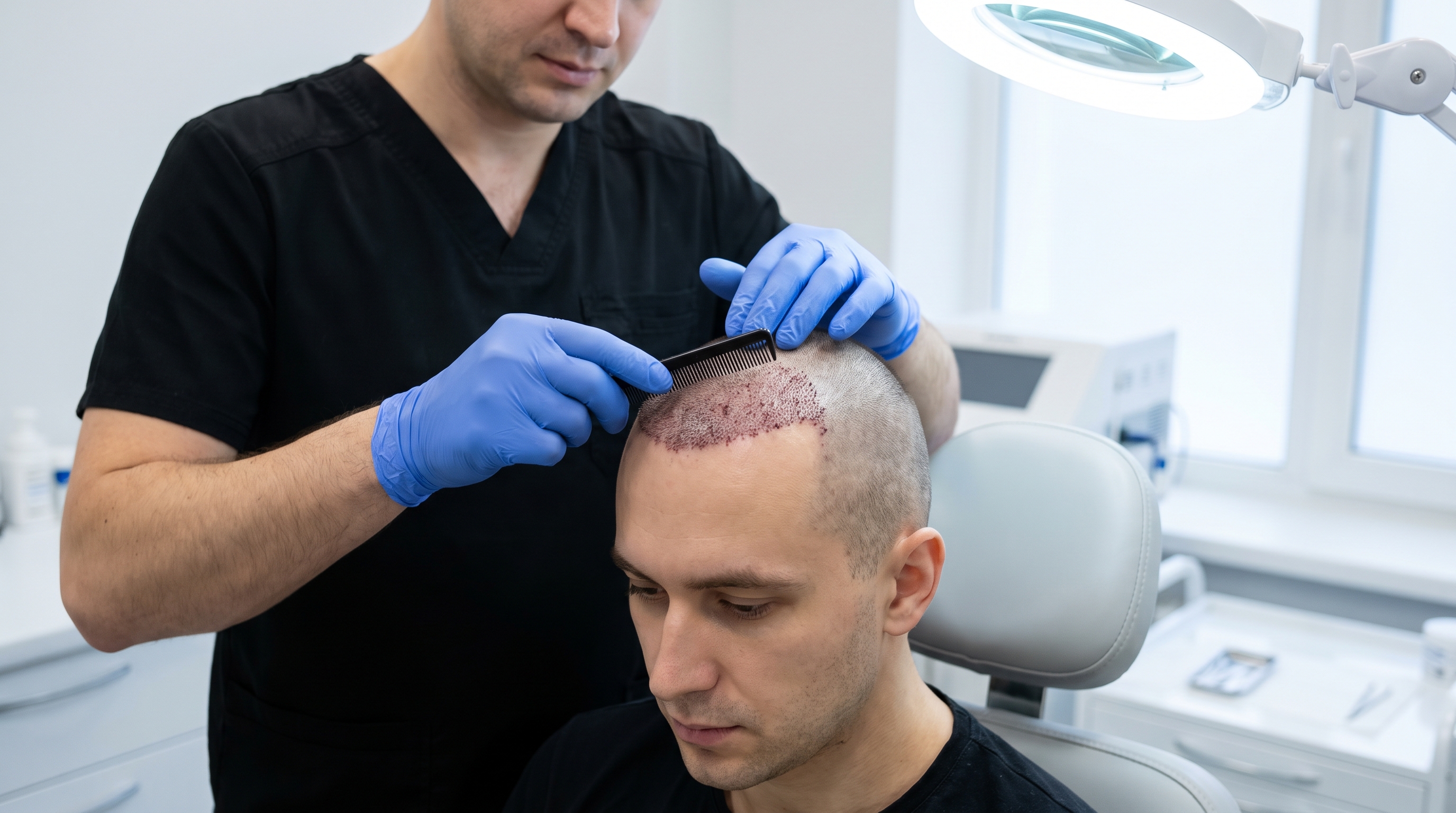 Person gently showering their scalp 10 days after a hair transplant, demonstrating safe post-operative hygiene.