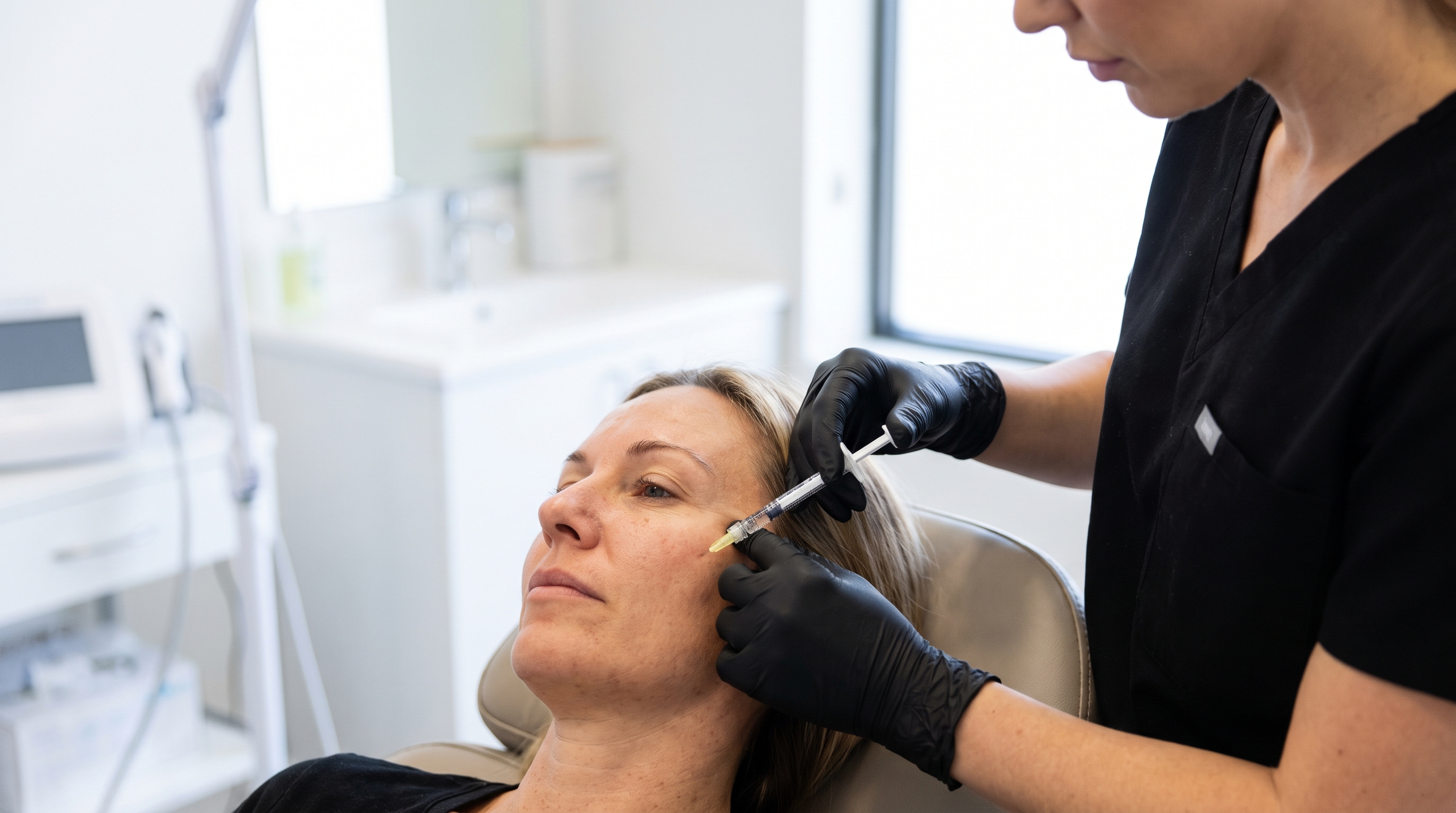 A medical professional injecting dermal fillers into a patient's face.