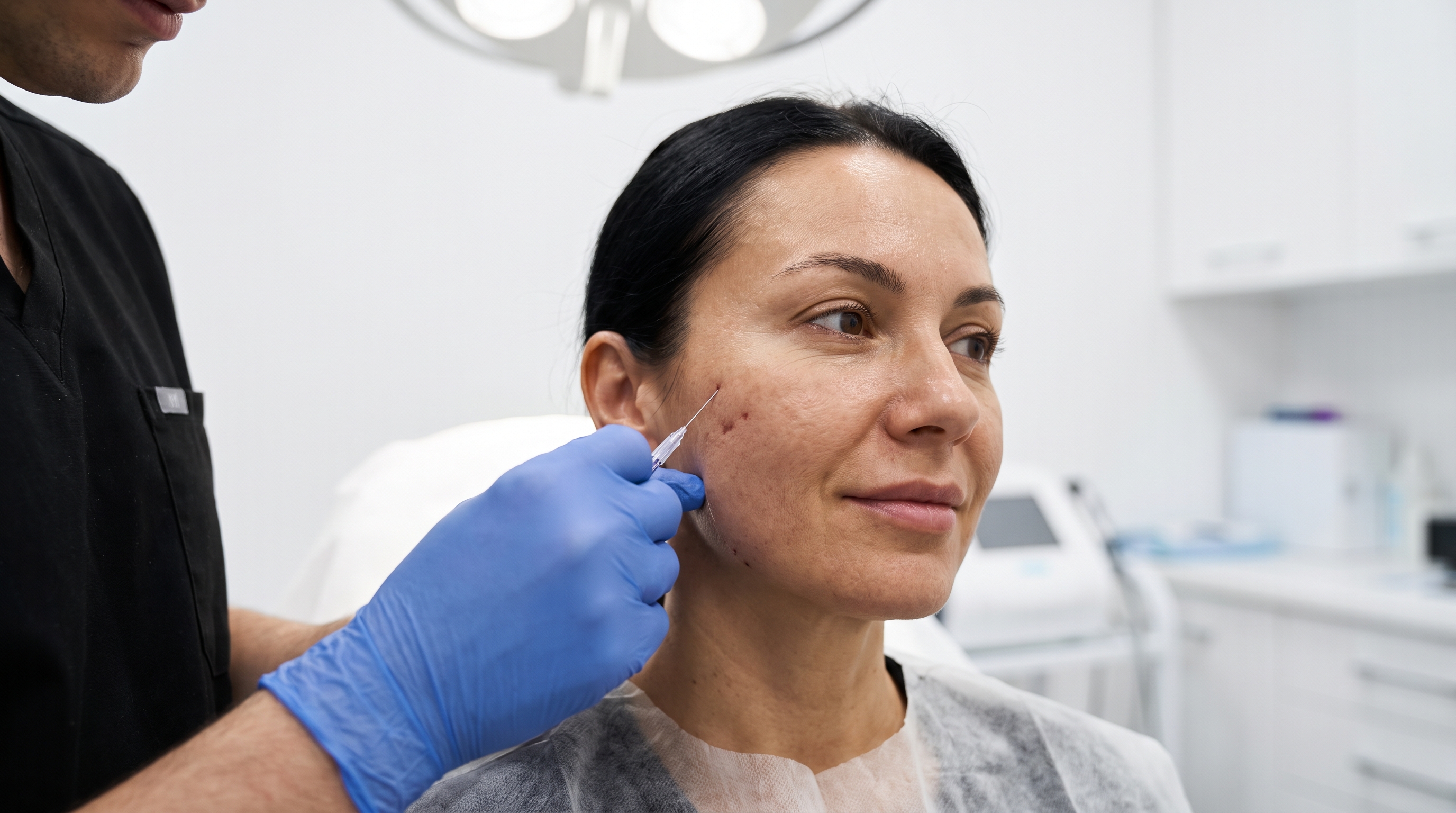 Detailed view of absorbable barbed threads inserted into facial tissue for a lifting and tightening effect.