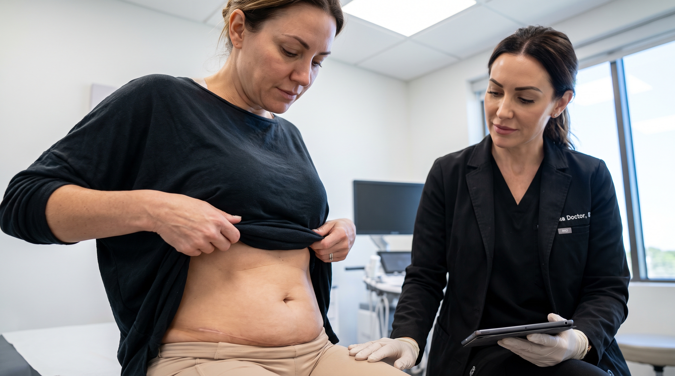 Abdomen after full abdominoplasty, showing a flattened stomach and tightened midsection.