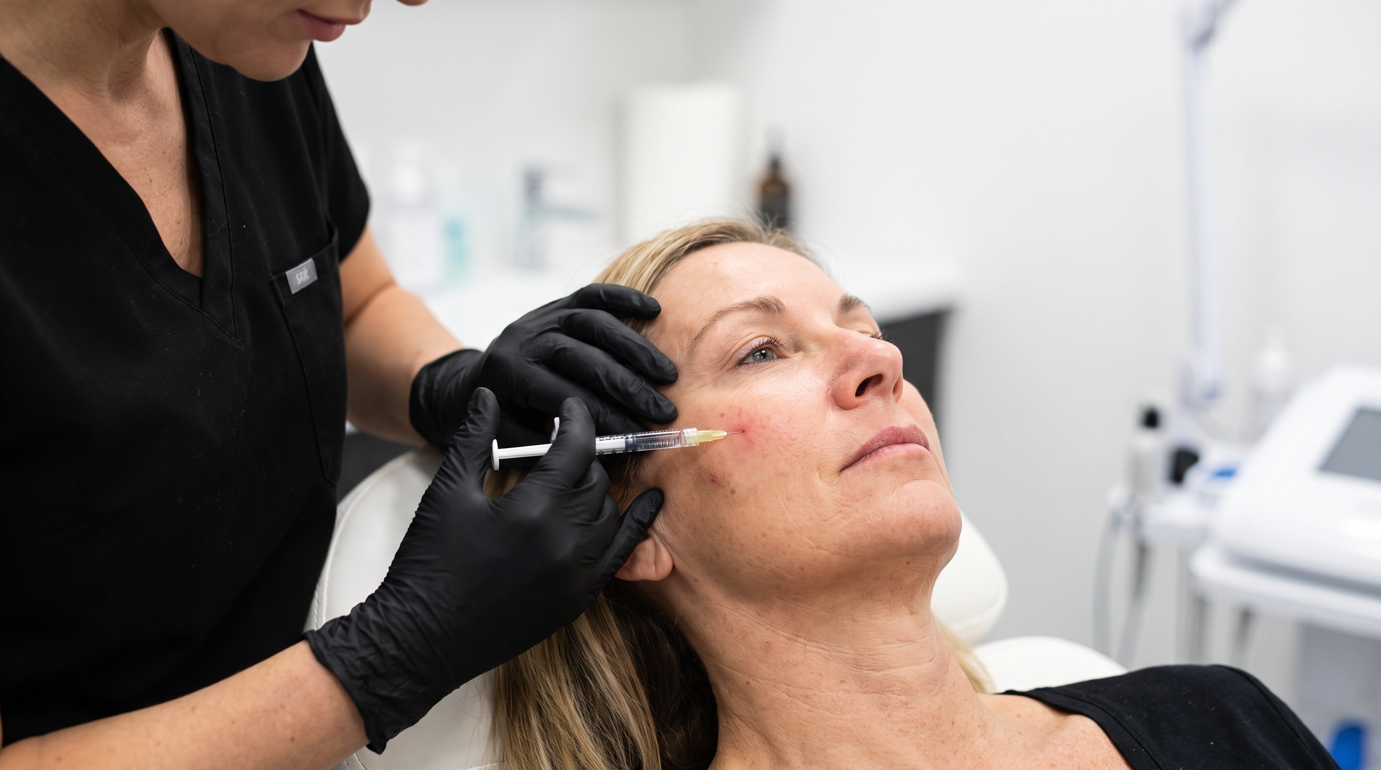 A medical professional administering dermal fillers to the facial area for enhanced skin thickness and elasticity.
