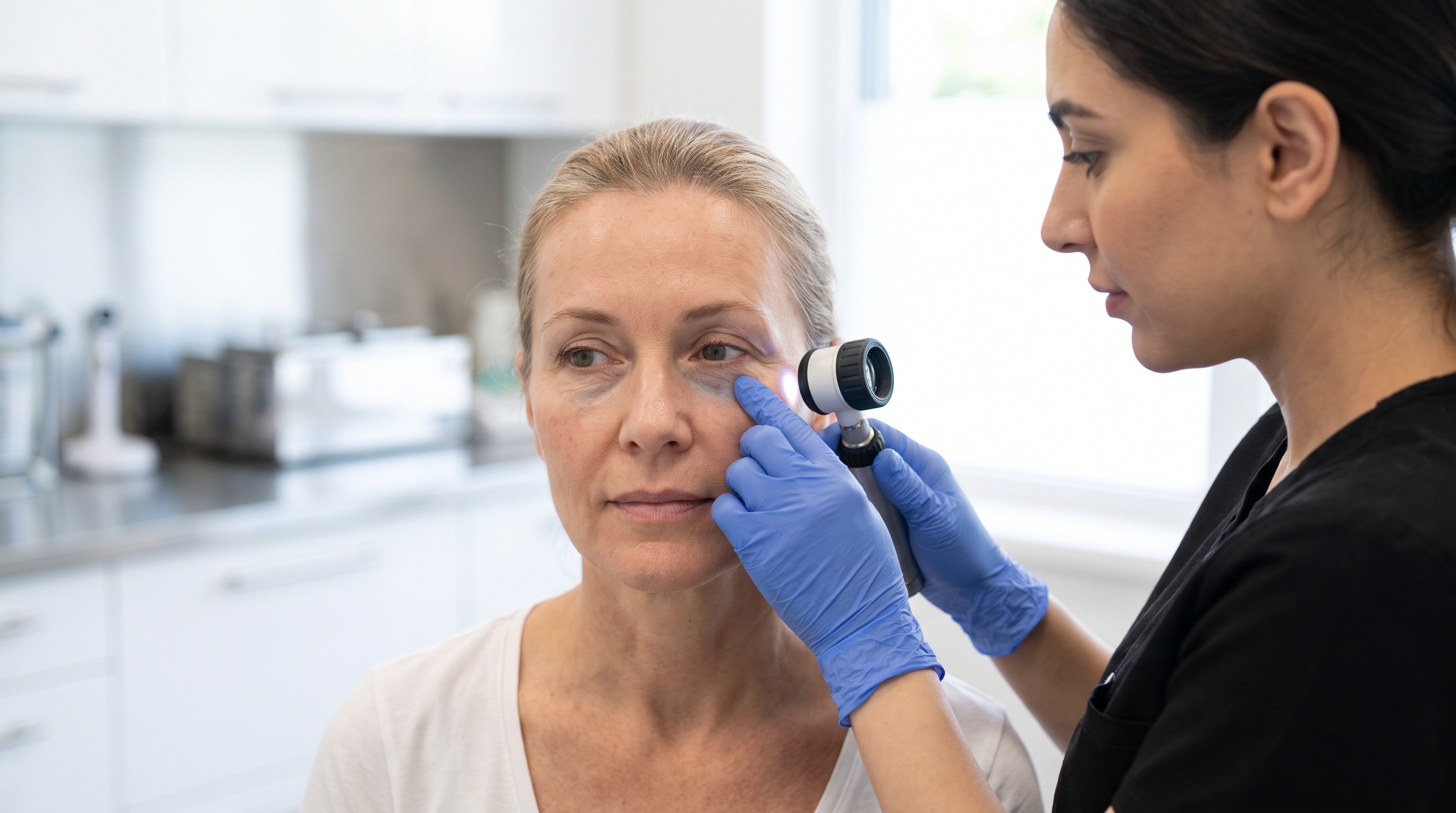 Under-eye area showing the bluish discoloration of the Tyndall effect after hyaluronic acid filler.