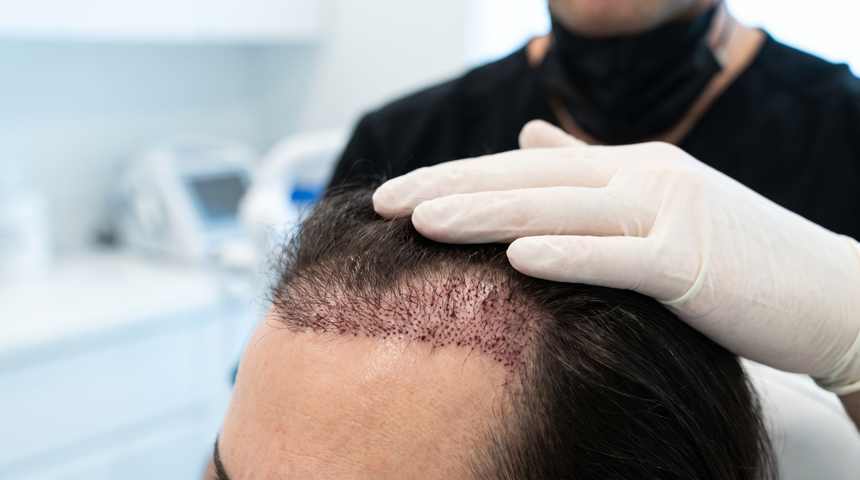Patient's scalp with new hair grafts after a transplant, demonstrating the area vulnerable to smoking complications.