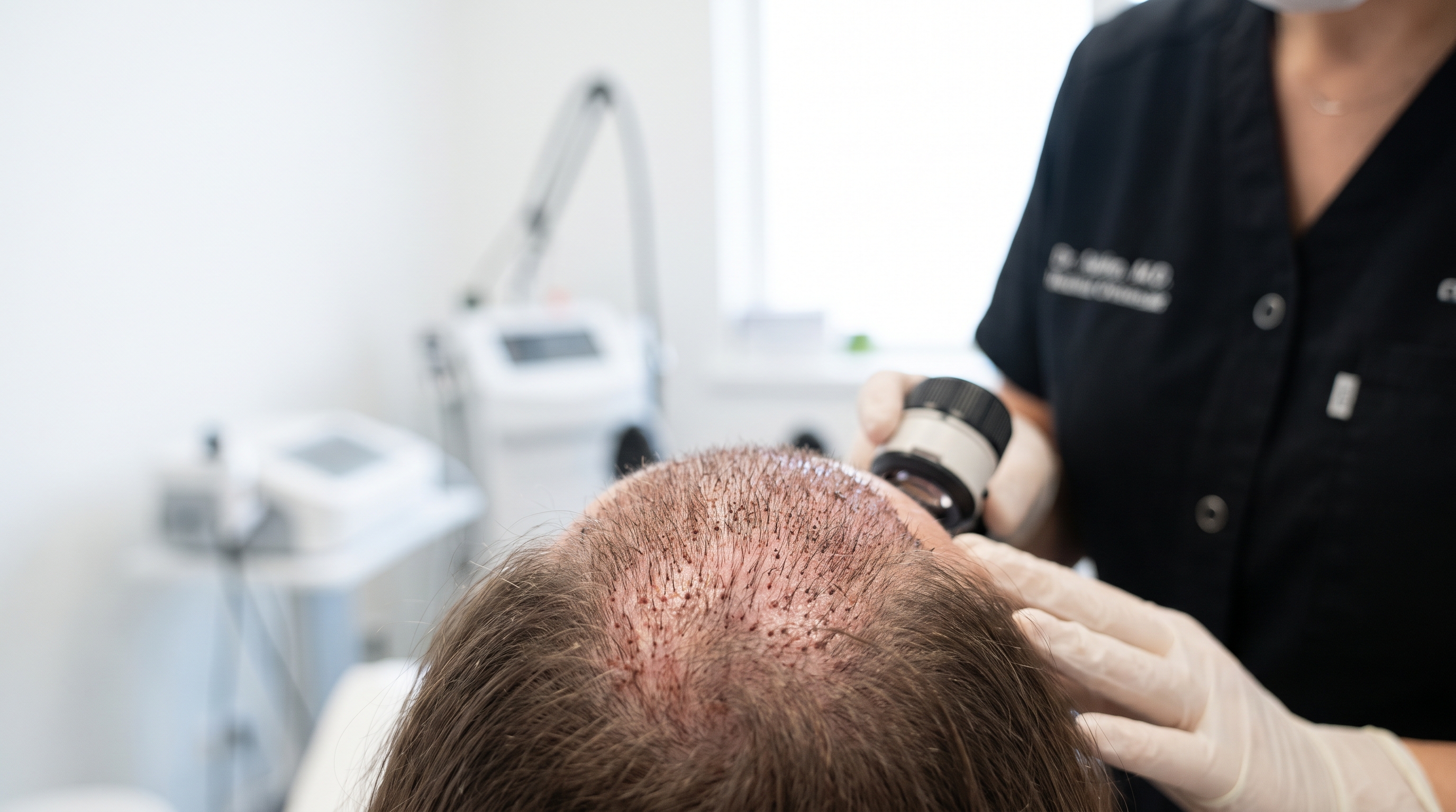 Hair transplant recipient's scalp showing temporary shock loss and permanent transplanted hair.