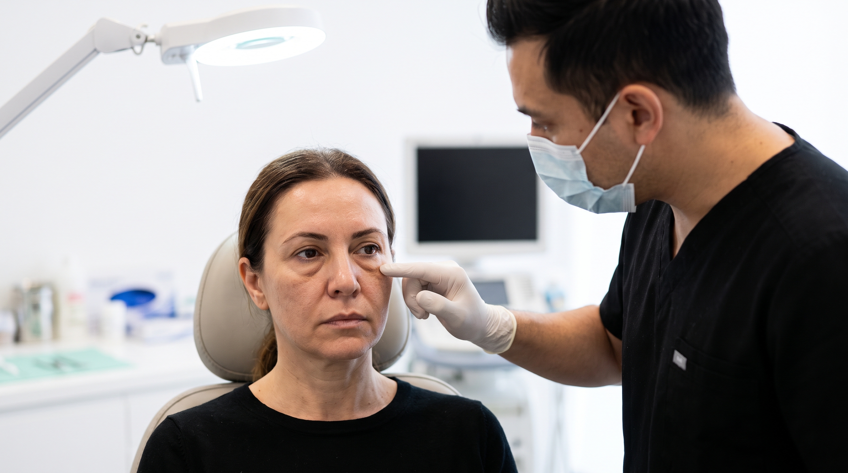 Midface lift correcting heavy malar bags and festoons for a rejuvenated facial appearance.