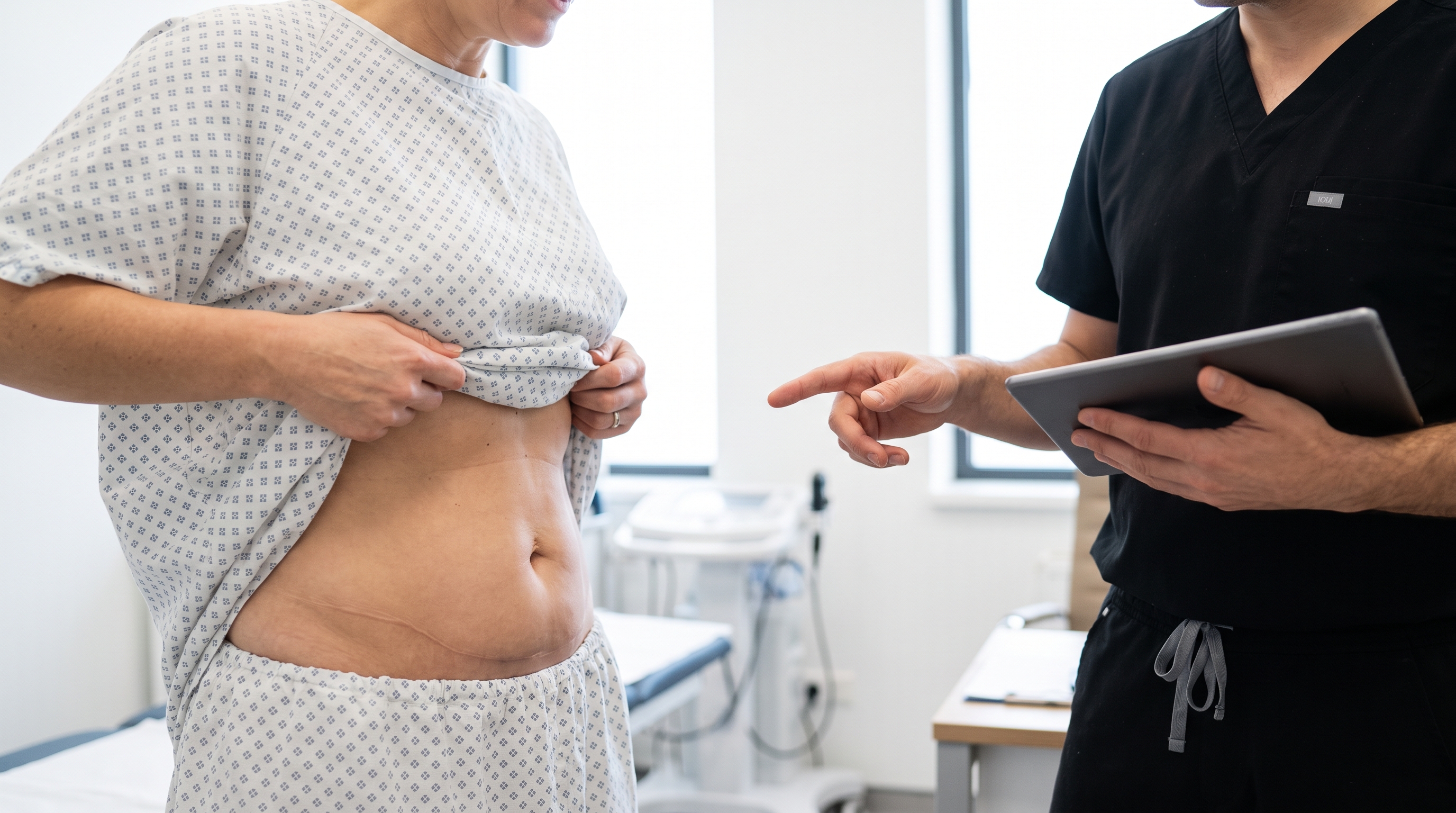 Illustrating stomach body contouring's impact on subcutaneous fat, skin, and muscle for a sculpted abdomen.