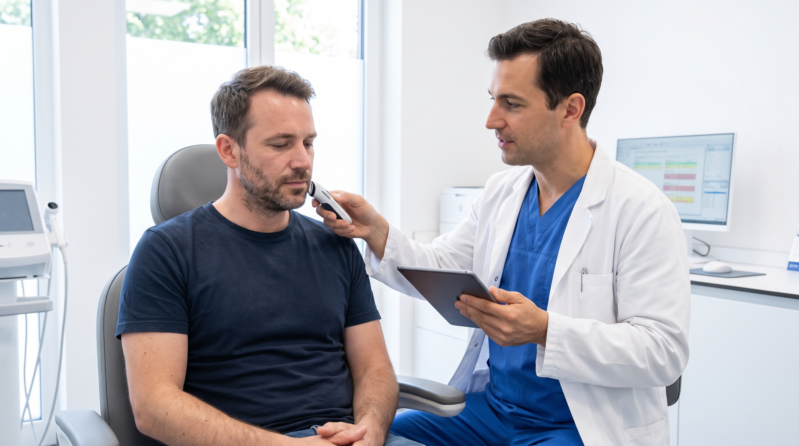 A surgeon precisely implants hair grafts for a beard transplant using the DHI technique and a Choi Implanter Pen.